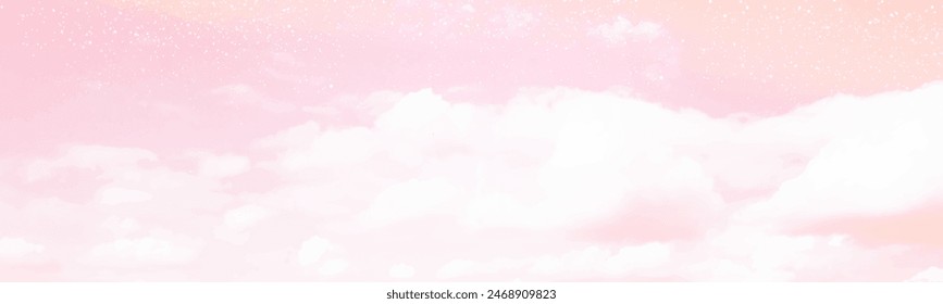 Sugar cotton pink clouds vector design background. Glamour fairytale backdrop. Plane sky view with stars and sunset. Watercolor style texture. Delicate card. Elegant decoration. Fantasy pastel color