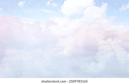 Fundo de design de vetor de nuvens rosa de algodão de açúcar. Fundo de conto de fadas de glamour. Vista do céu plano com estrelas e pôr do sol. Textura de estilo aquarela. Cartão delicado. Elegante decoração. Cor pastel fantasia