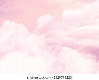 Sugar cotton pink clouds vector design background. Glamour fairytale backdrop. Plane sky view with stars and sunset. Watercolor style texture. Delicate card. Elegant decoration. Fantasy pastel color