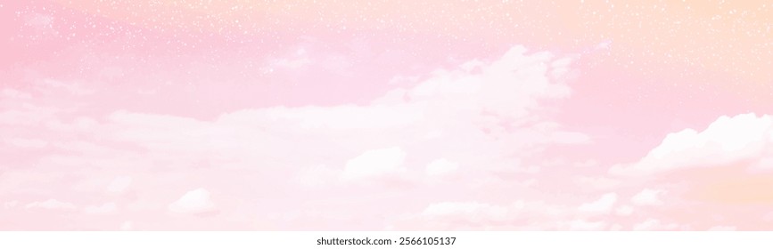 Sugar cotton pink clouds vector design background. Glamour fairytale backdrop. Plane sky view with stars and sunset. Watercolor style texture. Delicate card. Elegant decoration. Fantasy pastel color