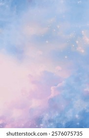 Sugar cotton pink clouds vector design background. Glamour fairytale backdrop. Plane sky view with stars and sunset. Watercolor style texture. Delicate card. Elegant decoration. Fantasy pastel color