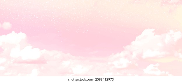 Sugar cotton pink clouds vector design background. Glamour fairytale backdrop. Plane sky view with stars and sunset. Watercolor style texture. Delicate card. Elegant decoration. Fantasy pastel color