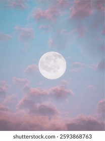 Sugar cotton pink clouds vector design background. Glamour fairytale backdrop. Plane sky view with moon and sunset.
