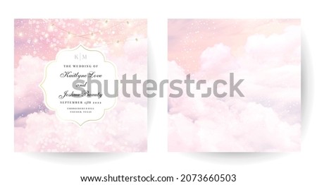 Sugar cotton pink clouds vector design background. Glamour fairytale backdrop. Bokeh lights with stars and sunset. Watercolor style texture. Delicate card. Elegant decoration. Fantasy pastel color