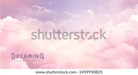 Sugar cotton pink clouds vector design background. Glamour fairytale backdrop. Plane sky view with stars and sunset. Watercolor style texture. Delicate card. Elegant decoration. Fantasy pastel color