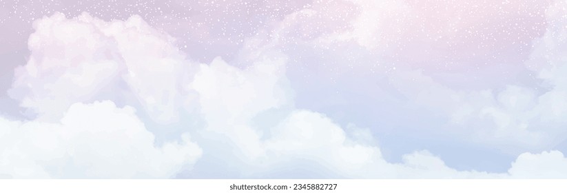 Sugar cotton purple clouds vector design background. Glamour fairytale backdrop. Plane sky view with stars and sunset. Watercolor style texture. Delicate card. Elegant decoration. Fantasy pastel color