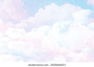 Sugar cotton purple clouds vector design background. Glamour fairytale backdrop. Plane sky view with stars and sunset. Watercolor style texture. Delicate card. Elegant decoration. Fantasy pastel color