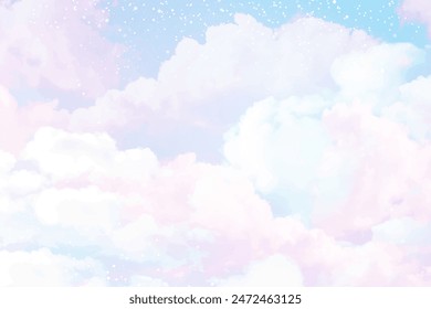 Zuckerwatte lila Wolken Vektorgrafik Design Hintergrund. Glamour-Märchen-Kulisse. Flugzeug Himmelsansicht mit Sternen und Sonnenuntergang. Textur im Aquarellstil. Zarte Karte. Die elegante Dekoration. Fantasy Pastellfarbe