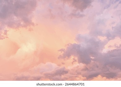 Sugar cotton purple clouds vector design background. Glamour fairytale backdrop. Plane sky view with stars and sunset. Watercolor style texture. Delicate card. Elegant decoration. Fantasy pastel color