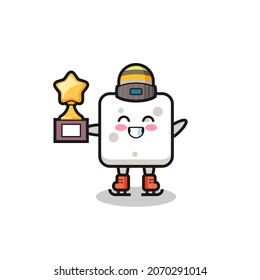 dibujos animados de cubo de azúcar como jugador de patinaje sobre hielo sostiene trofeo ganador , diseño de estilo lindo para camiseta, pegatina, elemento logo
