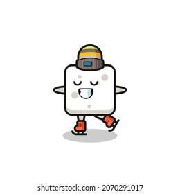 sugar cube cartoon as an ice skating player doing perform , cute style design for t shirt, sticker, logo element