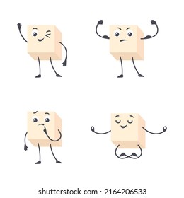 Carácter de cubo de azúcar. Graciosos azúcares de dibujos animados, mascota de cubos de sonrisa, mano y cara de harina de remolacha, emoji de nutrición de insulina kawaii, diabetes de caja de azúcar aislada ilustración vectorial de azúcar de carácter gracioso