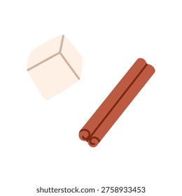Sugar cube and cinnamon stick. Raffinated sugar. Tea ingredients. Flat vector illustration isolated on white background.
