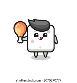 sugar cube cute mascot is eating a fried chicken , cute style design for t shirt, sticker, logo element