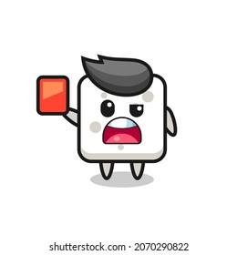 cubo de azúcar linda mascota como árbitro que da una tarjeta roja , diseño de estilo lindo para camiseta, pegatina, elemento logo