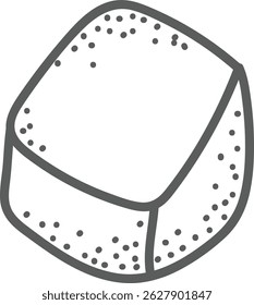 Um cubo de açúcar com textura pontilhada em um estilo desenhado à mão. O cubo é representado com um simples contorno e pontos dispersos. Ilustração de vetor de desenhos animados.