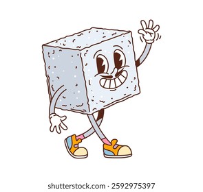 Sugar cube groovy cute character. Sweet sugar cube vintage groovy funny character, white glucose block cartoon funky vector happy personage. Food fructose, pastry or tea sugar piece groovy cute mascot