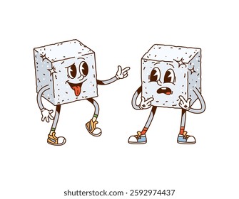 Sugar cube groovy happy characters. Pastry or tea glucose cubes, white sugar blocks vintage groovy isolated vector cheerful personages. Two pieces of sugar isolated cartoon happy mascots making jokes