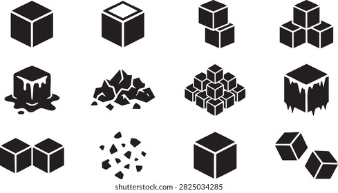 Sugar cube and ice cube icon set with black shapes showing melting forms for food design