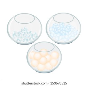 Sugar Cube, Ice Cube and Vanilla Ice Cream Balls in Three Glass Jars 