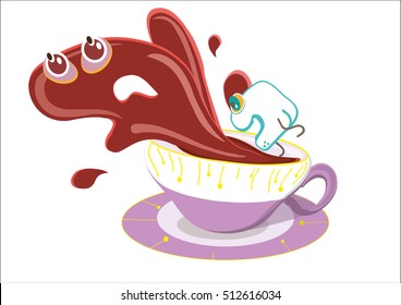 sugar cube jumping into a cup, the tea contained in the cup gets scared and runs away, and stylized illustrated on a white background