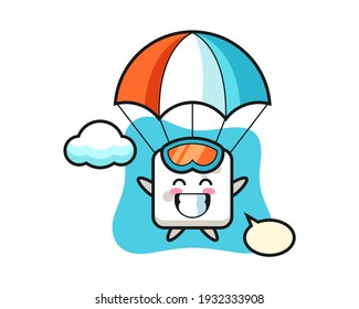 Sugar cube mascot cartoon is skydiving with happy gesture