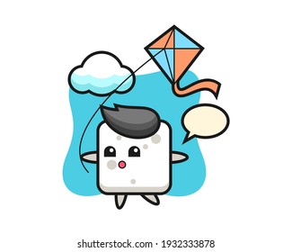 Sugar cube mascot illustration is playing kite