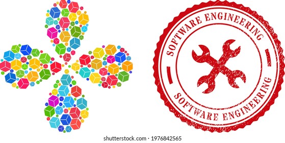 Sugar cube multicolored explosion flower with four petals, and red round SOFTWARE ENGINEERING grunge stamp imitation. Sugar cube symbol inside round stamp imitation.