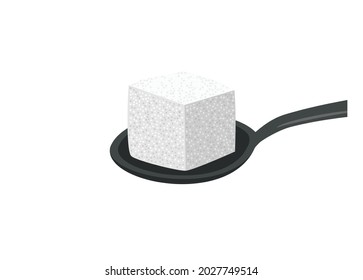 Sugar cube on teaspoon. Simple flat illustration.