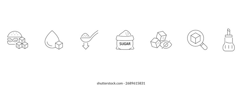 Sugar cube, sweet packet, drop, spoon, magnifier icon, no sugar concept vector illustration for healthy food design