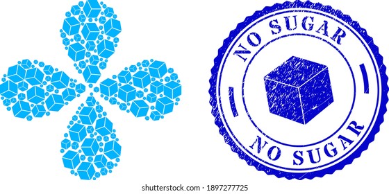 Sugar cube twirl flower with four petals, and blue round NO SUGAR corroded seal with icon inside. Object twirl combined from oriented sugar cube items. Vector flower collage in flat style.
