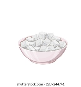 Sugar cubes in bowl vector illustration. Cartoon isolated white refined lump sugar pile in glass or plastic cup, heap of cubic pieces for tea or coffee, confectionery ingredient for pastry cooking