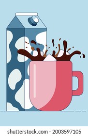 Sugar cubes drop into the mug splashing hot coffee, in front of milk carton . Cartoon vector illustration in a flat style, isolated on a blue and white background. Vector illustration