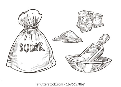 Sugar cubes, granules, tied burlap bag, sack and wooden bowl with scoop spoon. Pile of white refined or raw brown food sweetener, natural product from cane, beet. Hand drawn sketch illustration.