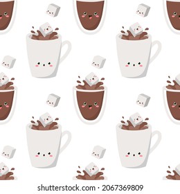 Sugar cubes are jumping into cups and glasses of coffee. Vector seamless pattern on white background