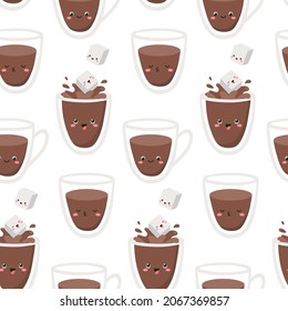 Sugar cubes are jumping into cups and glasses of coffee. Vector seamless pattern on white background