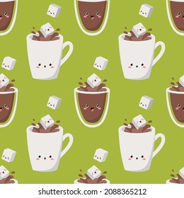 Sugar cubes are jumping into cups and glasses of coffee. Vector seamless pattern on green background