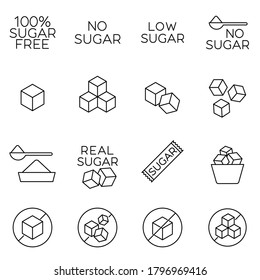 Sugar cubes line icons and sugar free labels. Signs of healthy sugarless food in outline style. Concept of diabetes prevention and weight control. Great for package or tags.