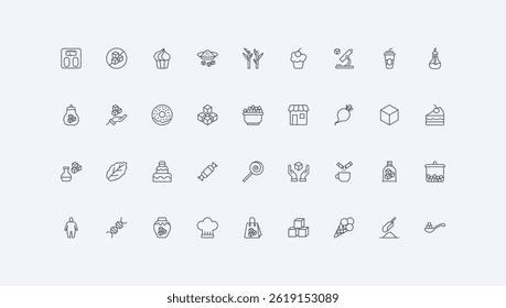 Sugar cubes, sand pile and powder, stevia plant and drugs, candy, bag and sachet thin black outline symbols vector illustration. Sugar, sweet confectionery food and sweeteners line icon set