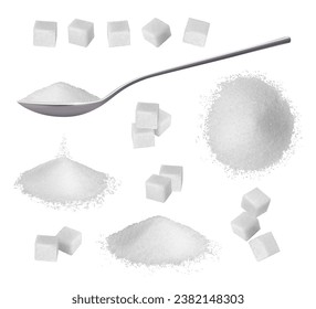 Sugar cubes for sweetening food and drinks. Vector realistic isolated addition to meal, glucose and sucrose, fructose organic ingredient for cooking and eating desserts and sweets diet