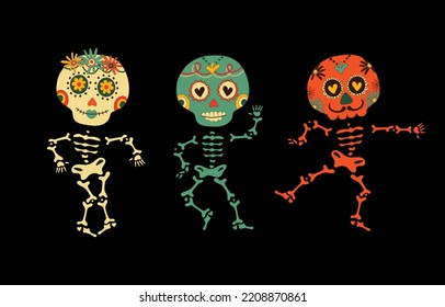 Sugar dancing skulls decorated by design elements and colorful floral ornament. Mexican national holiday Day of the dead. Festive banner templates for Dia de los muertos. Vector illustration