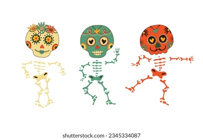 Sugar dancing skulls decorated by design elements and colorful floral ornament. Mexican national holiday Day of the dead. Festive banner templates for Dia de los muertos. Vector illustration