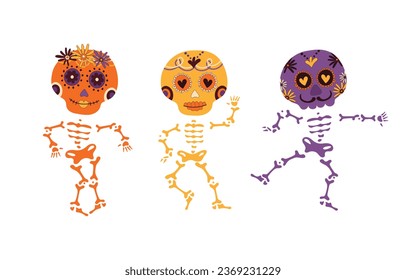 Sugar dancing skulls decorated by design elements and colorful floral ornament. Mexican national holiday Day of the dead. Festive banner templates for Dia de los muertos. Vector illustration