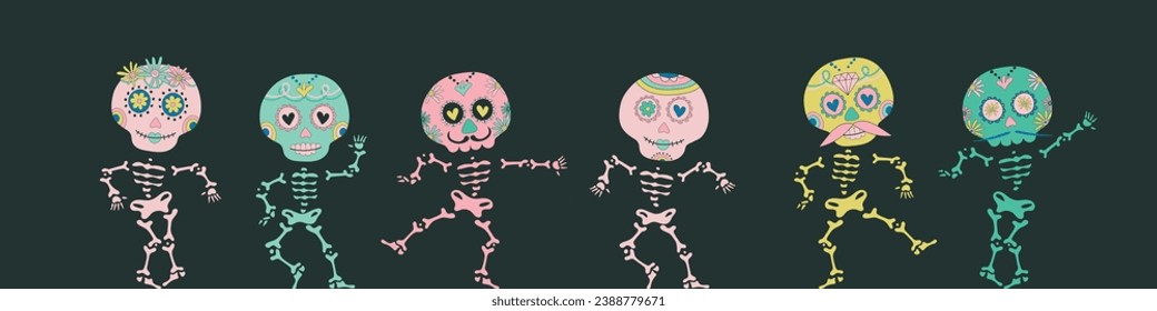 Sugar dancing skulls decorated by design elements and colorful floral ornament. Mexican national holiday Day of the dead. Festive banner templates for Dia de los muertos. Vector illustration