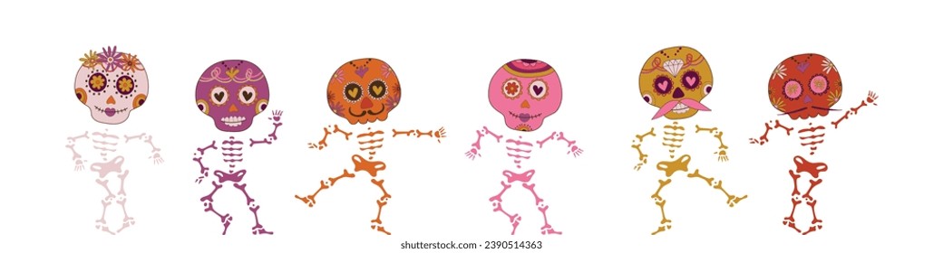 Sugar dancing skulls decorated by design elements and colorful floral ornament. Mexican national holiday Day of the dead. Festive banner templates for Dia de los muertos. Vector illustration