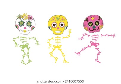 Sugar dancing skulls decorated by design elements and colorful floral ornament. Mexican national holiday Day of the dead. Festive banner templates for Dia de los muertos. Vector illustration