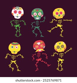 Crânios dançarinos de açúcar decorados por elementos de design e ornamento floral colorido. Dia Nacional Mexicano dos Mortos. Modelos festivos de banner para Dia de los muertos. Ilustração vetorial