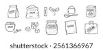 sugar doodle hand drawn icon set. Outline drawing sugar packaging, sugar cubes line clipart symbol collection. Vector illustration