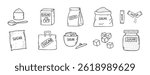 sugar doodle hand drawn icon set. Outline drawing sugar packaging, sugar cubes line clipart symbol collection. Vector illustration