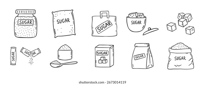 Conjunto de iconos dibujados a mano de Doodle de azúcar. Esquema de dibujo de envases de azúcar, línea de cubos de azúcar Clipart símbolo colección. Ilustración vectorial